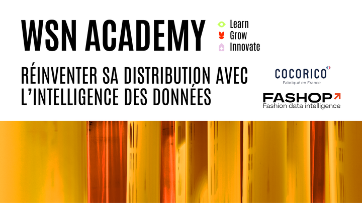 Encart supérieur blanc avec le titre « WSN ACADEMY - Réinventer sa distribution avec l'intelligence des données », accompagné des logos Cocorico et Fashop, au-dessus d'une bannière inférieure aux bandes verticales jaunes et orange translucides